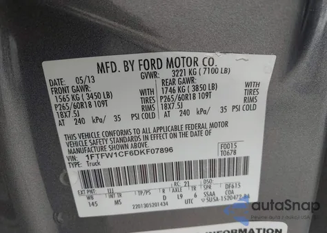 2013 Ford F-150 Xlt из США, поврежденный, VIN 1FTFW1CF6DKF07896